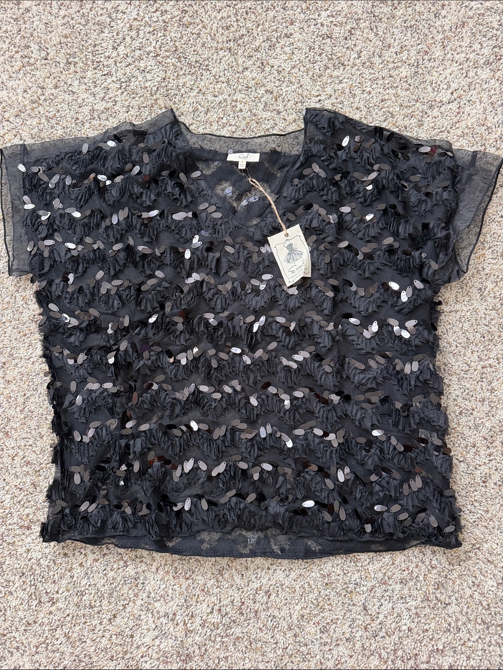 easel Black Sequin Mesh Short Sleeve Top